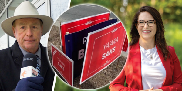 Liberal Ya’ara Saks’ campaign signs box in Conservative candidate’s in petty display
