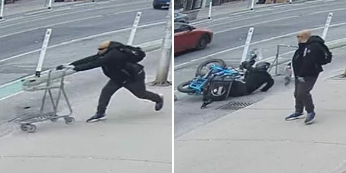 Video captures moment man shoves shopping cart at e-bike rider