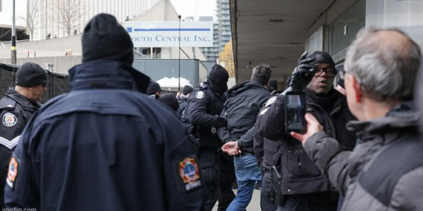Fury as Palestinian flag is raised at Toronto’s city hall as police turn on man singing CANADIAN national anthem