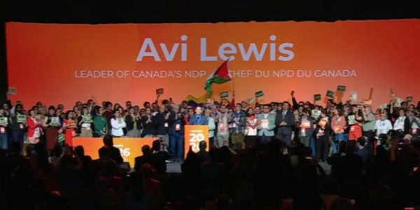 Amy Hamm: Avi Lewis claims NDP leadership in front of waving Palestinian flag