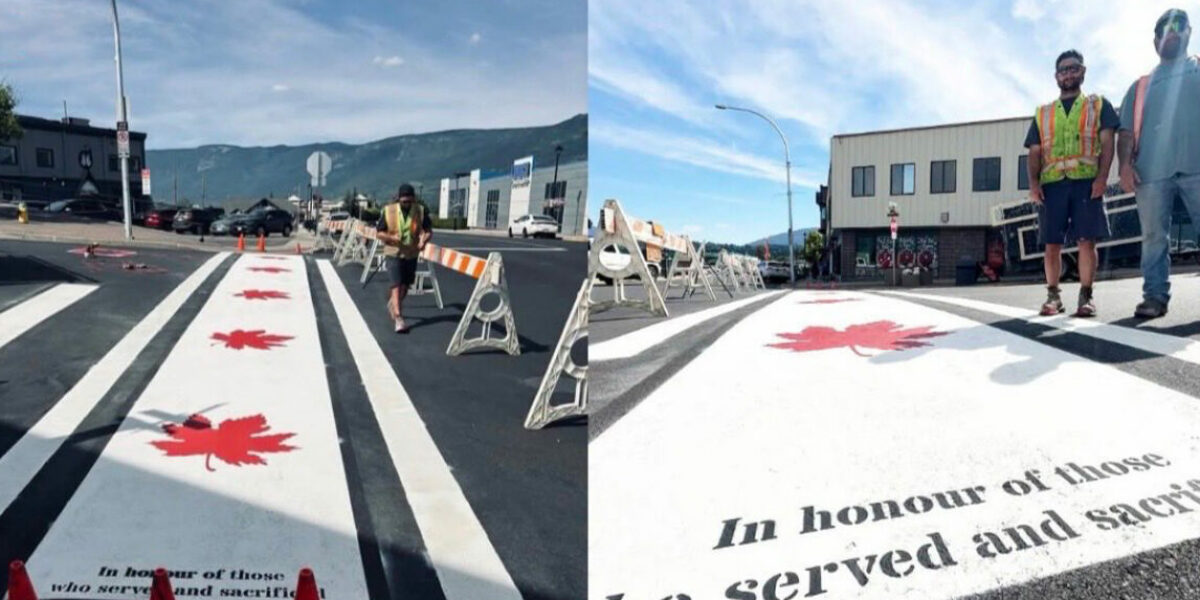 New crosswalk honouring veterans welcomed in Salmon Arm as Pride designs continue to divide Canadians